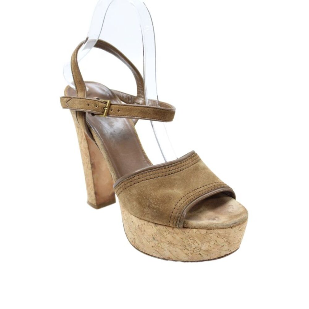 Gucci Womens Suede Open Toe Ankle Strapped Block Heels Brown Size EUR 38